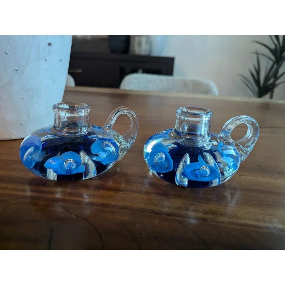 Vintage Set of 2  Joe St. Clair Glass Candle Holders cobalt blue Flowers